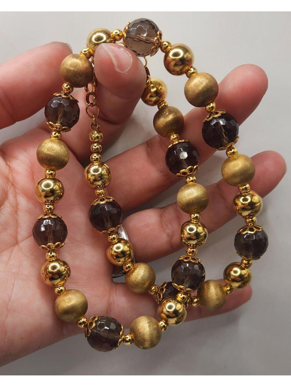 Veronese Italy Silver 925 Over Gold Plated Smoky Quartz Beaded Necklace 22" Adj.